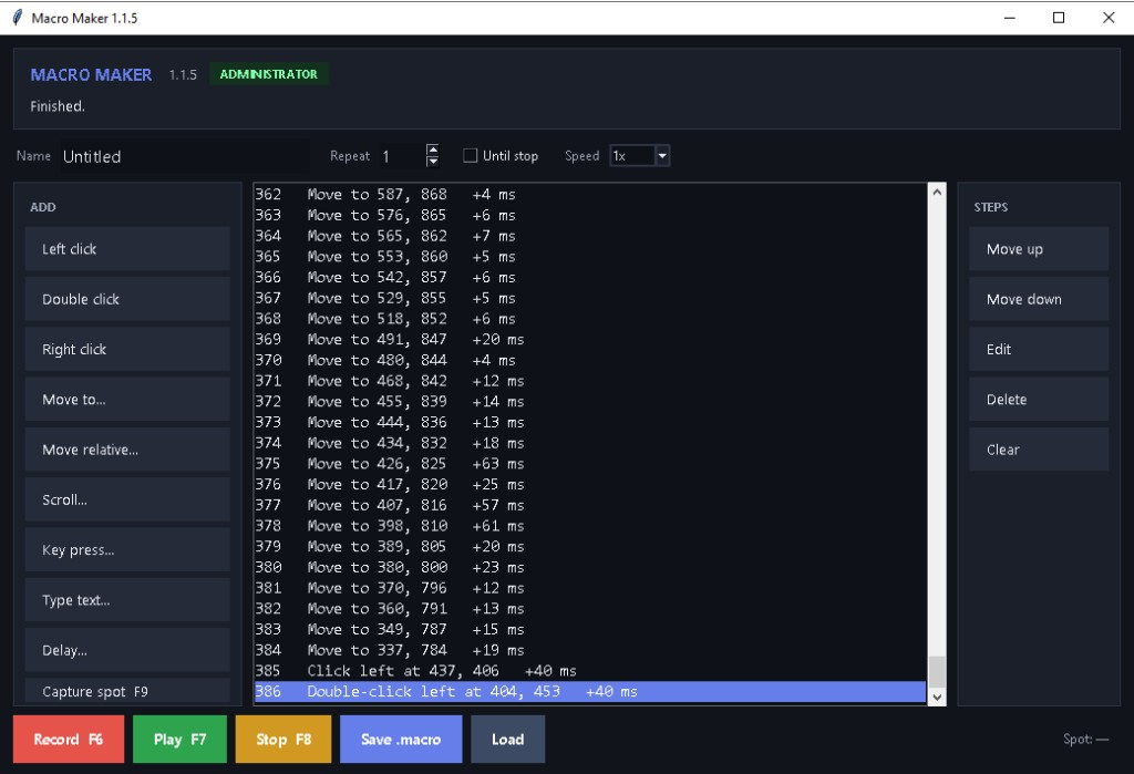 Macro Maker 1.1.5 with a recorded list of moves and clicks